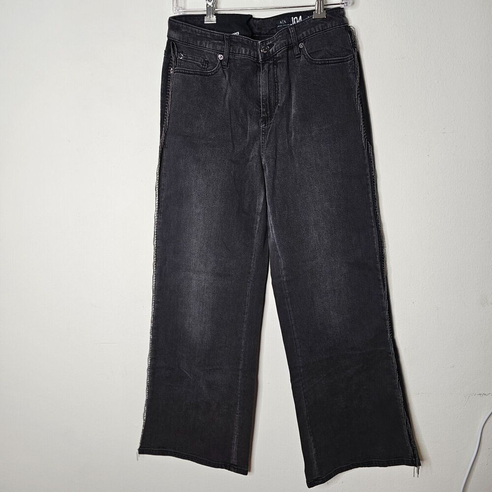 NWOT Armani Exchange Dark Gray J04 Wide Cropped Silver Beaded Fringe Jean 28R